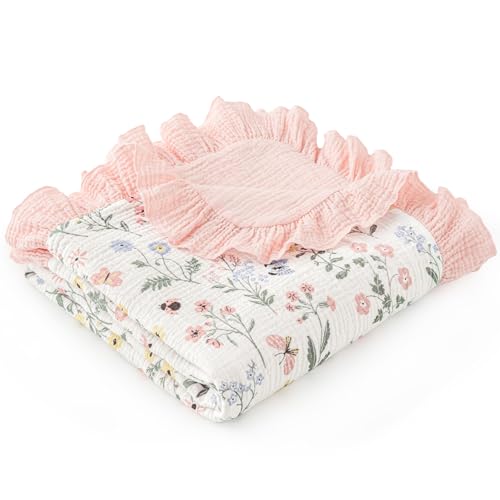Image of david's kids Flounce Muslin Baby Blanket for Girls Boys, 100% Cotton Soft Crib Swaddle Blankets, Reversible & Breathable Nursery Bedding for Newborns Toddlers, 47 x 47 Inches (Garden)