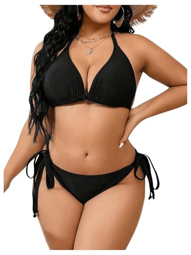 MakeMeChic Women's Plus Size Bikini Set Halter Triangle Tie Back Thong Swimsuits