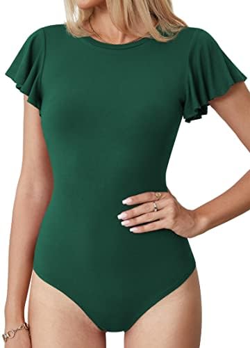 LAOLASI Women’s Crew Neck Bodysuit Ruffle Short Sleeve Slim Fit Casual Basic Stretchy Body suit Daily Jumpsuit T Shirts