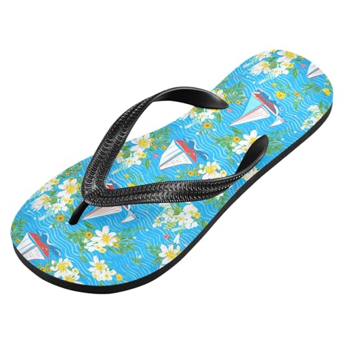 Sailboat White Floral Flip Flops for Beach Thong Sandals Anti-slip Lightweight Flat Slippers for Summer Outdoor Travel2