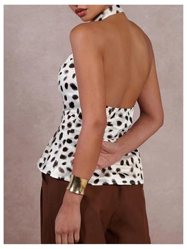 MakeMeChic Women's Polka Dots Halter Tops Deep V Neck Metal Decor Backless Ruffle Vest3