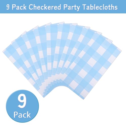 Image of Kesfey 9 Packs Light Blue Gingham Tablecloth Pale Blue and White Checkered Tablecloths 54 x 108 Inches Disposable Plastic Gingham Tablecovers Waterproof Rectangle Picnic Table Cover for Birthday Party