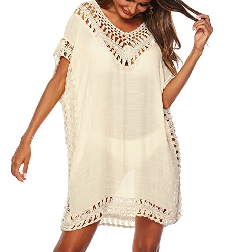 Baynetin Damen Strandkleid Bikini Cover Up Sommer Strandponcho Strandurlaub Badeanzug V-Ausschnitt Beachwear Bikini Cover-Ups (Aprikose)