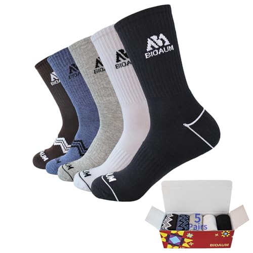 BIOAUM Men's Cushioned Crew Socks 5-6 Pairs Hiking Work Running Athletic Cotton Sports Wicking