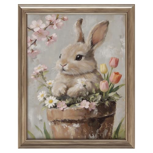 llguiidecal Spring Bunny Wall Art Print – Cute Rabbit in Flower Pot Painting, Farmhouse Nursery Decor, Easter & Seasonal Home Accent Poster