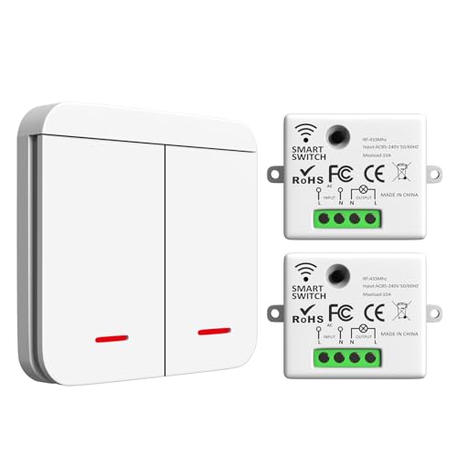 ARCELI Interrupteur Sans Fil Kit 433Mhz 2200W/10A - 1 RF et 2 Récepteurs, Éclairage Intelligent Intérieur 30-50M