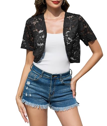 Sopesil Boléro Dentelle Élégant Femme Cardigan Léger Transparent Manches Courtes Veste d‘Été pour Soirée ou Mariage Noir,L