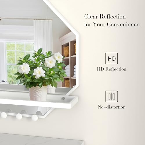 Image of BEAUTME 20x20 inch Octagon Wall Mirrors with Shelf and Hooks, Metal Framed Octagon Mirror for Entryway, Modern Farmhouse Decor Wall Mounted Mirror for Living Room Bedroom Entryway (White)