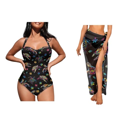 Musical Notes One Piece Swimsuit Tummy 2 Piece for Women Over 50 with Wrap Skirt Plus Size Bathing Suit Cover up2