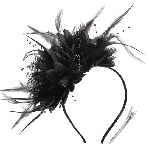 Image of DRESHOW Womens Fascinators Hats Tea Party Hats for Women Pearl Lace Feather Hat Vintage Derby Hats for Wedding Cocktail