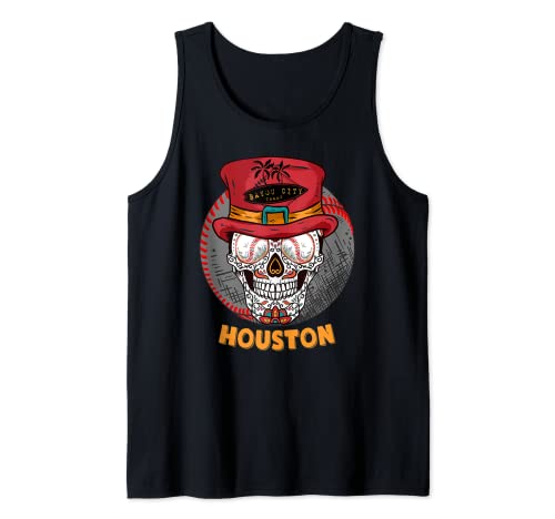 Houston, Texas Sugar Skull y Baseball Eyes Souvenir Camiseta sin Mangas
