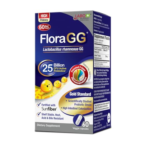 LABO Nutrition FloraGG Probiotic 25 Billion CFU Microencapsulated Lactobacillus Rhamnosus with Sunfiber Prebiotic Soluble Fiber Supplement Digestive & Immune Health Support 60 Capsules