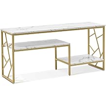 ivinta Narrow Console Table, White Entryway Table with Storage Shelf, Faux Marble Top Sofa Table with Gold Metal Frame, Modern Hallway Couch Table for Small Spaces, 6026