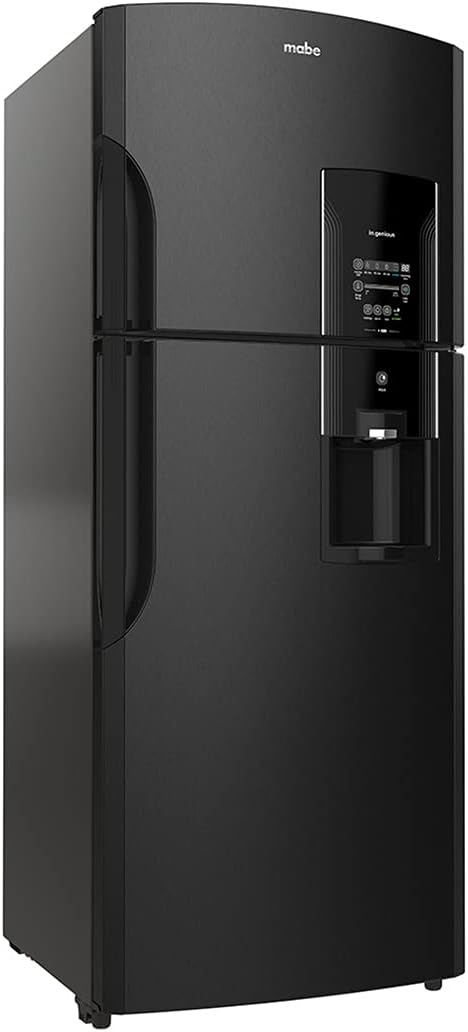 Angled view of the MABE RMS510ICMRP0 refrigerator, showcasing its black stainless steel finish.