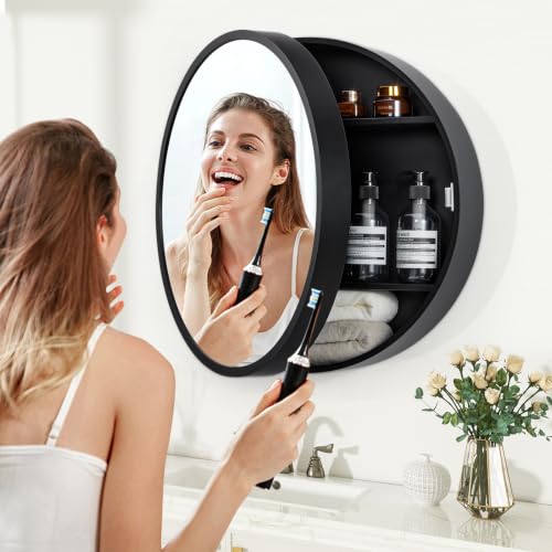 Armario de medicamentos redondo de 20 pulgadas con espejo - Montaje en pared | Espejo con estantes ocultos, marco de madera premium y diseño resistente a la humedad, almacenamiento ahorrador de espacio para baño (negro) miniatura 3