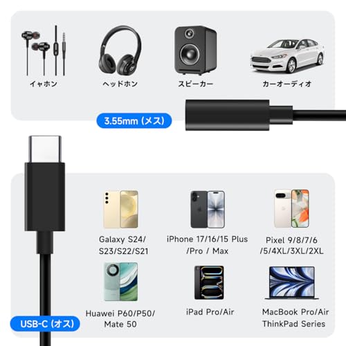 【YWXTW】USB Type-C to 3.5mm イヤホンジャックアダプタ 変換ケーブル タイプCからAuxオーディオアダプタケーブル HIFI音質 通話・音楽・音量調節可能 MacBook Air/Pro/iPad Pro/Android/タイプCに対応（ブラック）YWXTW-3.5mm转type-c