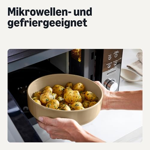 Amazon Basics Glasierte Steinzeug-Servierschalen, 3-Teiliges Set, Spülmaschinenfest, Leinengrau