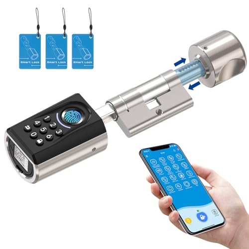 RUILON ToucA51 Serrure biometrique porte d'entree - IP65 Serrure code et empreinte digitale avec 3 cartes RFID, Cylindre connecté facile à installer, Convient aux portes d'une épaisseur de 30-70 mm