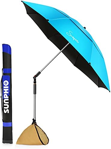 Sunphio Large Windproof Beach Umbrella, Sturdy and UV Protection, Portable Sun Shade Best for Camping, Picnic, Sand, Patio and More, 2 Metal Sand Anchor, 1 Big Carry Bag, 360 Tilt Mechanism (Blue)