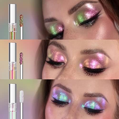 3 Pcs Liquid Chameleon Eyeshadow Makeup Set,Metallic Changing Long-lasting Holographic Glitter Multichrome Eyeshadows (#B)