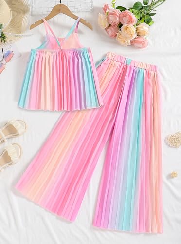 Image of Hilinker Girls Rainbow Pleated Cami Top and Wide Leg Pants Set Cute 2 Piece Summer Outfits