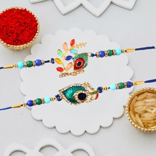 Image of Great Art Raksha Bandhan Rakhi Set with Roli Chawal or Fridge Magnet Card for Brother | Designer Beaded Rakhi Combo Pack-FM115