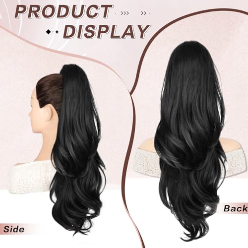 Ponytail Extension, 26 Inch Drawstring Ponytail Extension for Women Long Black Wavy Layered Pony Tails Hair Extensions Synthetic Clip in Ponytail Hairpiece for Women