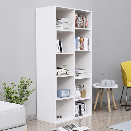 Image of Bniture 10 Tier Engineered Wood Open Book Shelf Wooden Bookshelf for Home, Kids Room & Study Room | Multipurpose Free Stand Corner Book Organizer for Library Room, Office | Frosty White