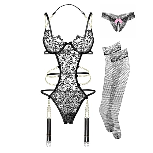 Brahaos Lingerie Set for Women,3 Piece Floral Lace Chain Lingerie Set with Garter Belts Bra and Panty (Black, Large)