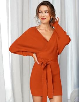 Wenrine Damesjurk, sexy, diepe V-hals, vrijetijdsjurk, A-lijn, ruches, mini-jurk, lange mouwen, wikkeljurk met riem, abrikoos, S