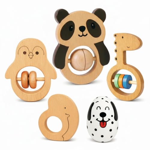 Wooden Baby Rattle Set (5pcs) &ndash; Montessori Infant Grasping Toys f...