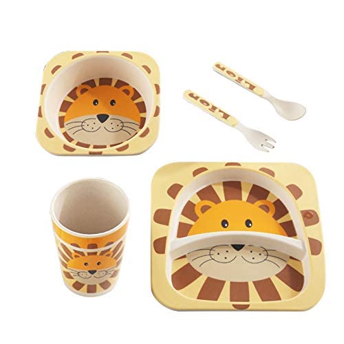 Small Wonder Lion Theme - Whixant 5 PCS Eco Friendly Bamboo Fiber Baby Feeding Utensils Crockery Set with Spoon, Fork, Glass, and Bowl & Plate - (Lion Print)-picture-35