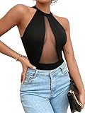 GORGLITTER Women's Mesh Sheer Sleeveless Bodysuit Halter Neck Sexy Lingerie Top Black XL