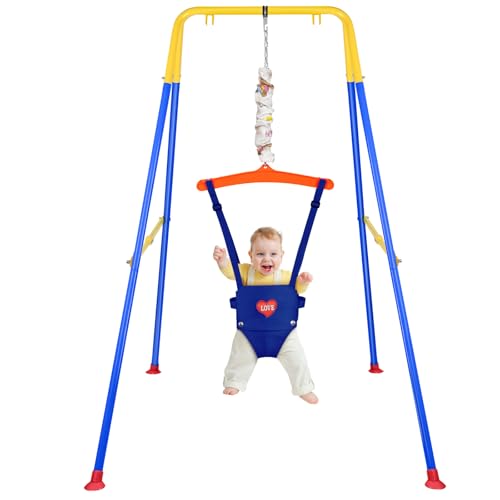Baby Jumper with Stand, Infant Jumper for Indoor/Outdoor Play, Jumper for Baby 6-24 Months, Baby Jumpers and Bouncers with Adjustable Chain, Easy to Assemble & Store (Blue)