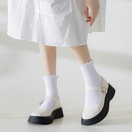 Mcool Mary Women's Ruffle Socks,Turn-Cuff Casual Cute Ankle Socks Warm Cotton Knit Lettuce Low Cut Frilly White Socks For Women 6 Pack #TOP2