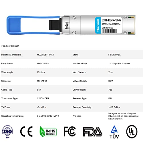 Image of Fiber Mall 40G QSFP+ PLRL4 for Mellanox MC2210511-PIR4 Compatible,40GBASE-PLRL4 QSFP+ 1310nm 2km DOM MTP /MPO SMF Optical Transceiver Module