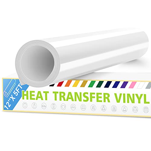 Artcut 12 x 5ft HTV Vinyl Rolls Heat Transfer Vinyl for Fabric HTV Vinyl for Shirts Iron on Vinyl for All Cutter Machine - Easy to Cut for Heat Vinyl Design Permanent Vinyl (White)