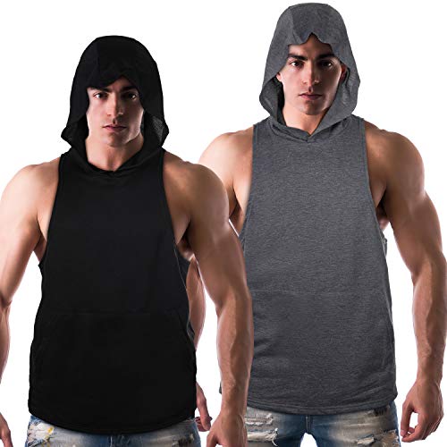 Geyoga 2 Pièces Débardeurs à Capuche d'Entraînement pour Hommes T-Shirt Hoodies de Gymnastique sans Manches Débardeur Musculation (L Taille)