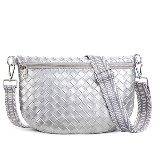 Image of KALIDI Faux Woven Crossbody Bags for Women Vegan Leather Bum Bag Fanny Pack, Silver, 12”L x 8.5”H x 1”W, Contemporary, Minimalist