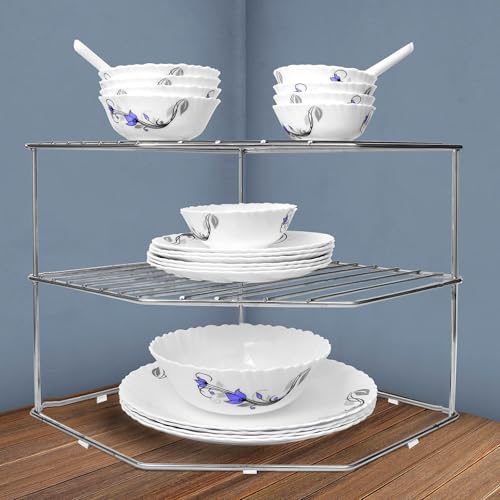 Image of Stainless Steel Multipurpose Kitchen Space Organizer Corner Shelf Rack Stand Holder, 2 Level Kitchen Storage Rack for Corners (NHSP)