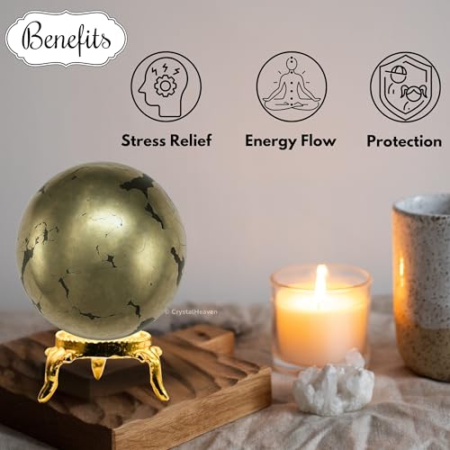Image of Certified Crystal Pyrite Ball for Meditation - Premium Crystal Vastu Items for Home and Feng Shui Items for Good Luck - Ideal for Pooja Supplies and Spiritual Practices (2 inch Inch)