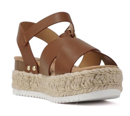 Image of Soda inchFIRELY inch ~ Women Round Toe Crisscross Band Platform Espadrille Wedge Sandal with Adjustable Ankle Strap