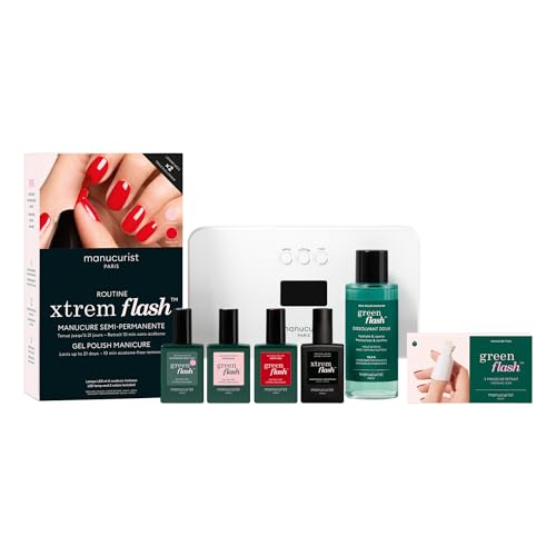 Manucurist Kit Ongle Gel UV Complet Xtrem Flash Poppy Red & Hortencia – Vernis Semi Permanent Longue Tenue 21 Jours – Top Coat Semi Permanent, Lampe LED 36W, Base, Dissolvant Pinces, 2 Vernis à Ongles