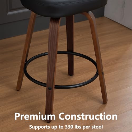 Image of Set of 3 Mid-Century Modern Swivel Bar Stools, 26 inch Kitchen Island Stools with Rattan Back & Bentwood Walnut Legs, Black Faux Leather Counter Stools