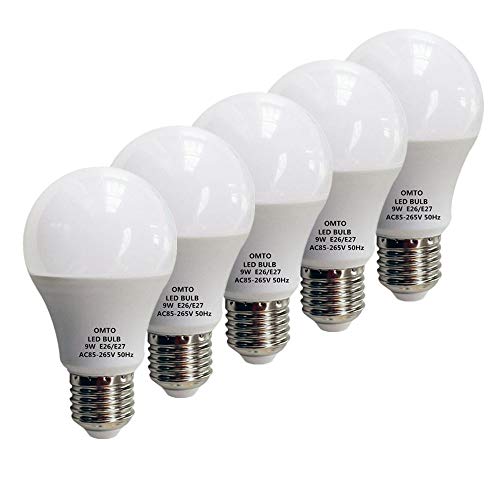 OMTO E26/E27 A19 LED Frosted Light Bulb 9W (60W Equivalent) Warm White (3000K) 85-265V (Warm White 5pcs)