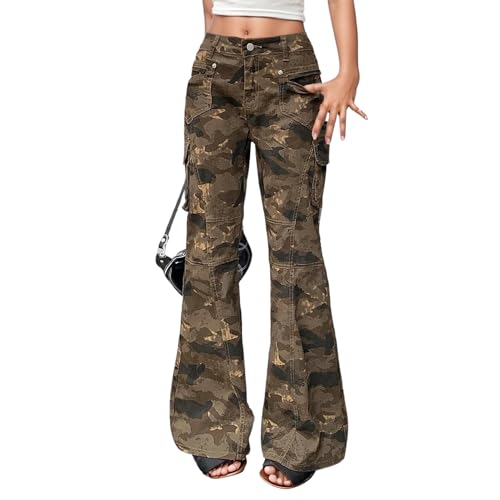 Camo Flare Jeans for Women Mid Rise Camouflage Bell Bottom Cargo Jeans Y2k Flap Pocket Wide Leg Denim Pants