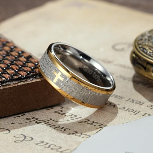 King Will Stainless Steel Men Ring 8mm Lord's Prayer Cross Ring Stainless Steel Men Wedding Ring, Gold/Silver/Black Wedding Band Bible Engraved Rings High Polished, Comfort Fit Size 7-143