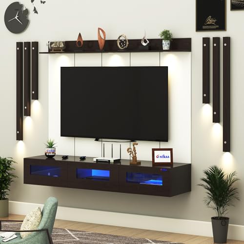 Image of Anikaa RayzaPro Engineered Wood Wall Mount TV Unit with PVC Back Panel, Acrylic Blue LED Storage Box, Side Wooden Accent Spot Light Panels I Deal for Up to 50 Inch TV (Wenge - DIY Installation)