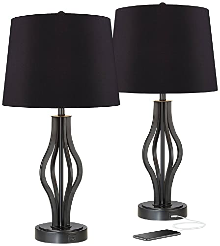 360 Lighting Heather Modern Industrial Table Lamps 25 3/4" Tall Set Of 2 With Usb Charging Port Dark Iron Bronze Black Faux Silk Drum Shade For Bedroom Living Room House Home Desk Bedside #TOP8