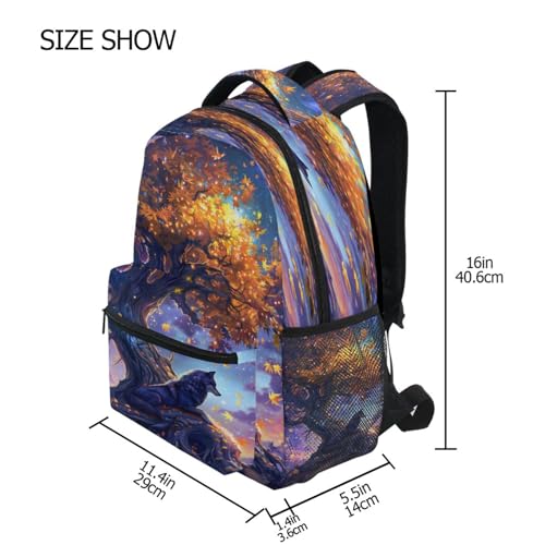 Wolf Gold Tree Moon Backpack for School Boys Girls Adults Kids Bookbag Laptop Bag 15L4